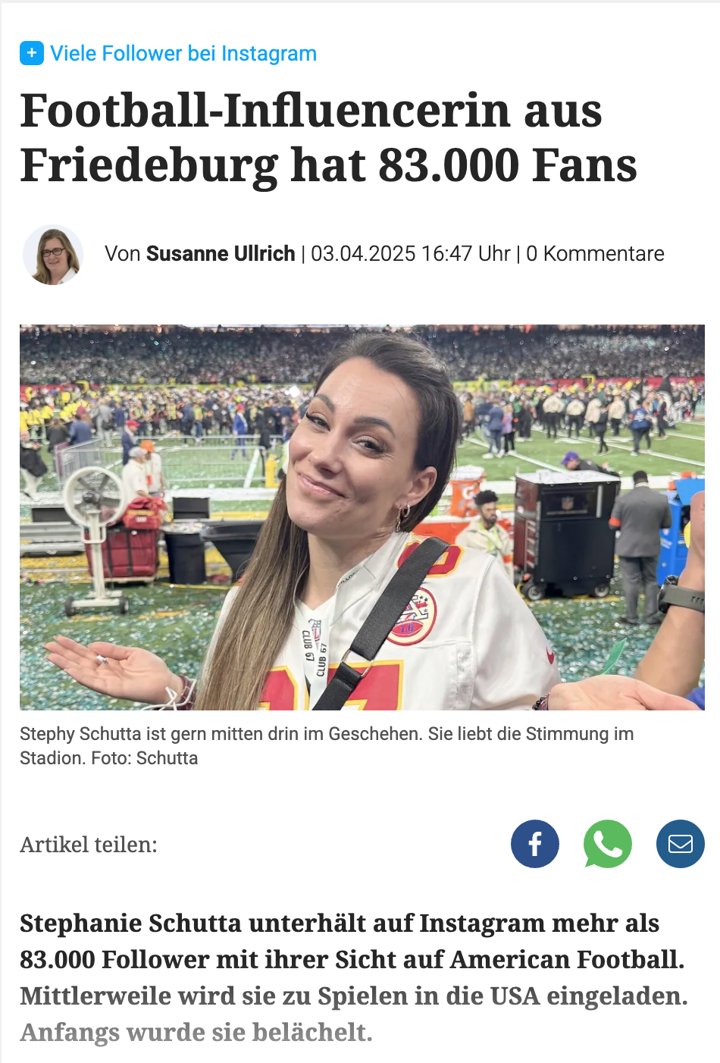 Screenshot Ostfriesen-Zeitung: Football-Influencerin aus Friedeburg hat 83.000 Fans