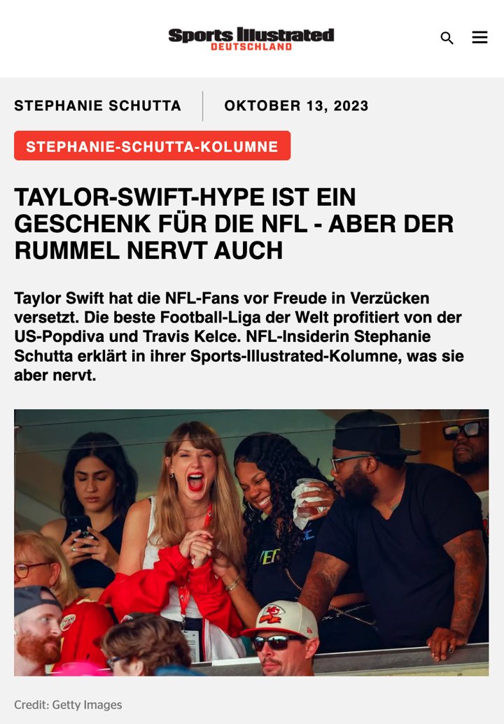 Screenshot Sports Illustrated: „Taylor-Swift-Hype ist ein Geschenk für die NFL – aber der Rummel nervt auch“