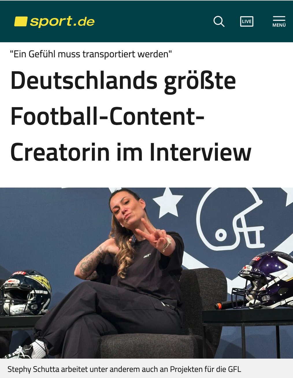 Screenshot des sport.de-Artikels: Deutschlands größte Football-Content-Creatorin im Interview